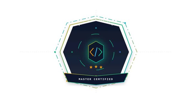 Master Certified Programmer Badge Animation with Code Symbol and Modern Geometric Design Element