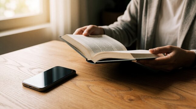 Person holds open book on wooden table. Smartphone lies nearby on desk. Indoor scene shows digital detox, quiet relaxation at home. Person enjoys reading literature without mobile device distraction