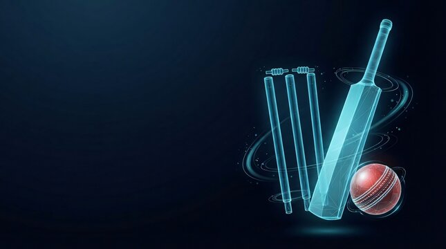 Glowing digital cricket sports equipment illustration with tournament athletic equipment abstract particle technology competition physical activity training