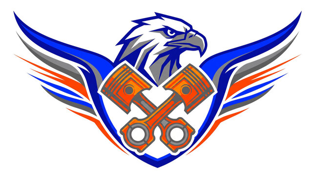 Modern Aerodynamic Bird Mascot Vector Emblem with Engine Pistons for Speed Apparel