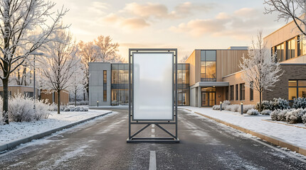 Naklejka premium Blank vertical billboard mockup on a snowy road in front of modern office buildings