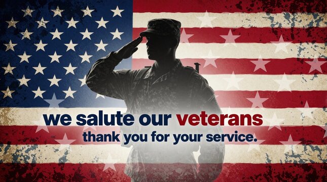 Soldier silhouette salutes against distressed American flag background. Military veteran tribute with patriotic text salute veterans thank for service. Graphic illustration for Memorial Day, Veterans