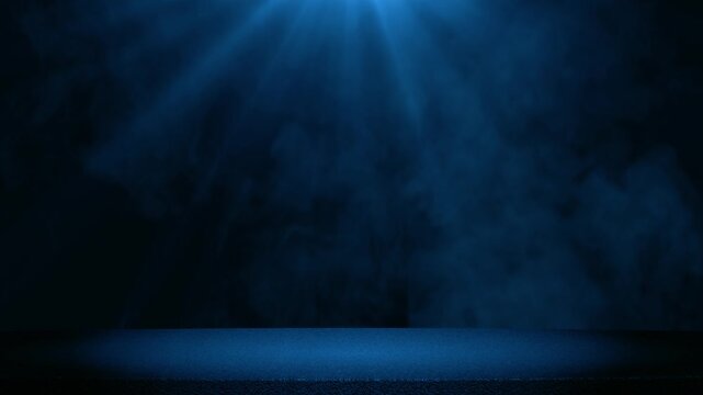 Blue Light Rays Through Fog on Dark Floor with Cinematic Spotlight Beam animation,blank stage music and product stream blank social media motion background 