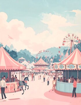 Pastel Colored Illustration of a Lively Summer Carnival Fairground.