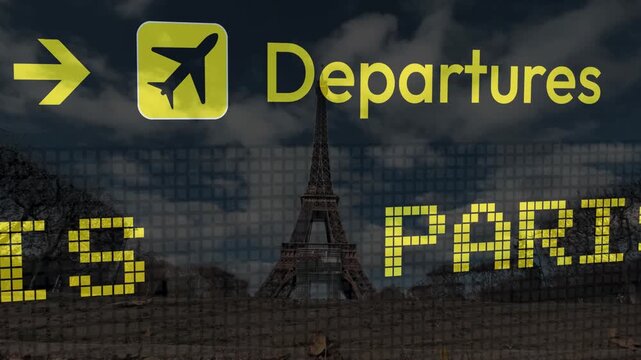Airport departure board displaying Paris with the Eiffel Tower in the background. Represents travel, tourism, and European vacations.