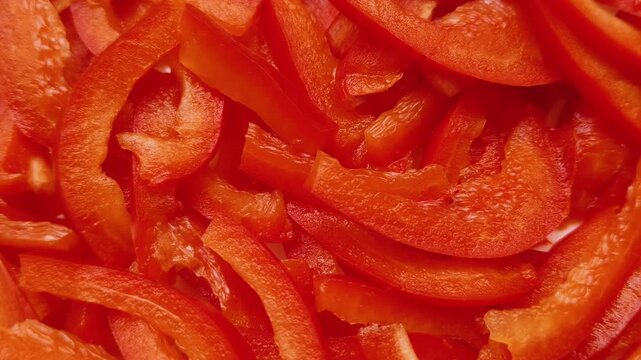 Chopped red color capsicum, bell pepper or paprika vegetable fruit long cut piece slices pile or heap background. Closeup macro slow spinning or rotating top view. Healthy vegan diet cooking concept.