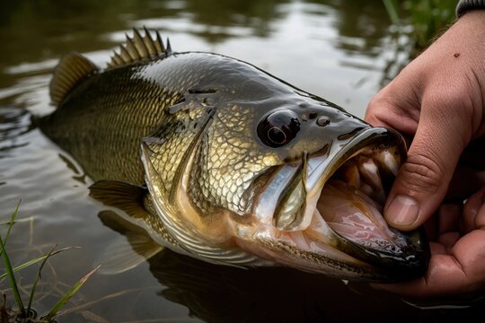 Fisherman holds large bass fish just caught from lake water. Fish has wide open mouth showing teeth and gills. Close up view wet scales detail.