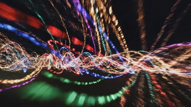 Dynamic abstract light trails create a vibrant, colorful, and energetic visual effect on a dark background, showcasing movement and technological complexity