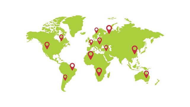 4K motion graphic of Global travel concept with alpha channel transparency. 2D cartoon animation of World map animation with red location pins popping up on white background.