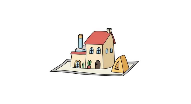 Cartoon house on a flat surface.