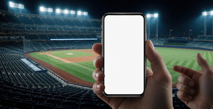 Hand holds smartphone displaying blank screen inside baseball stadium at night. Person points finger at empty field, ready to use sports app or place bet.