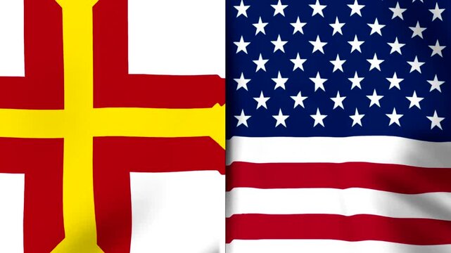 Waving national flags of Guernsey and the United States of America side by side representing international cooperation