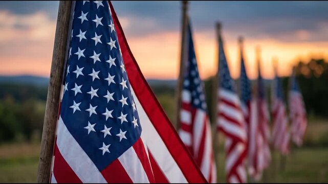 Row of American Flags Waving outdoors at Sunset