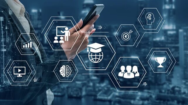 Business professional using smartphone with digital icons representing education, technology, analytics, and networking in a cityscape background Gluon.