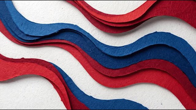 Abstract red and blue wavy paper cut layers on white background with smooth motion