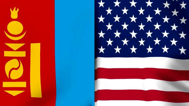 Waving national flags of Mongolia and the United States of America side by side