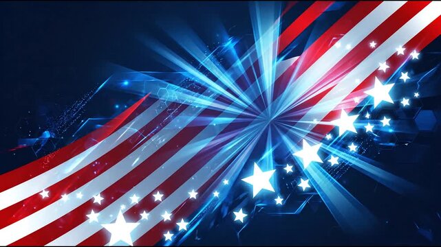American flag and glowing white stars moving across abstract blue rays