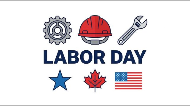 Animated Labor Day concept featuring worker tools US flag and maple leaf icons on white background.