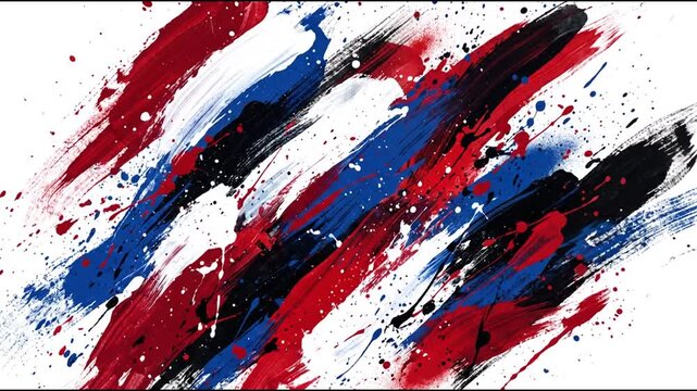 Dynamic red blue and black paint strokes splattering on white background