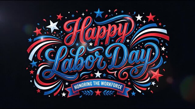 Happy Labor Day celebration animation with patriotic stars and ribbons