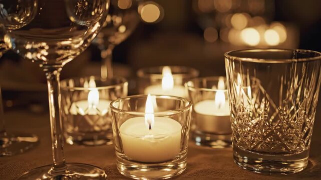 Warm glow of multiple lit tea light candles in glass holders on a festive table setting, alongside crystal glasses, creating romantic and cozy ambiance for dinner party celebration.