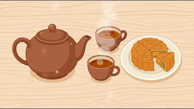 Hot tea steaming from ceramic teapot beside sliced traditional mooncake on wooden table during Mid-Autumn Festival celebration.