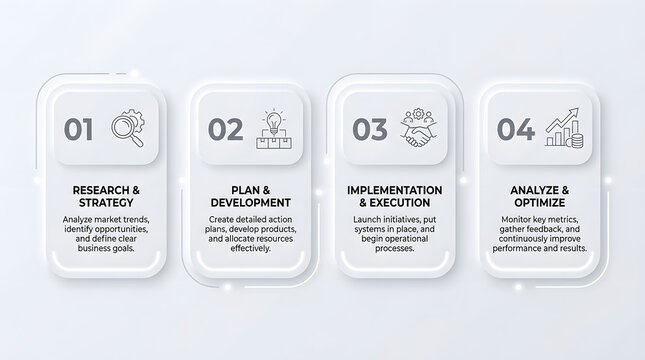 Business Process Stages: A visual representation of the four key stages of a business process: Research & Strategy, Plan & Development, Implementation & Execution, and Analyze & Optimize.
