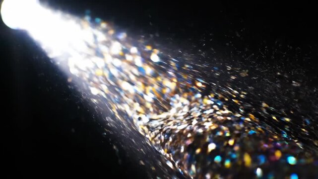 Dynamic stream of iridescent glitter particles sparkling and shimmering in bright beam of light against abstract dark black background, festive and magical visual effect, close up motion