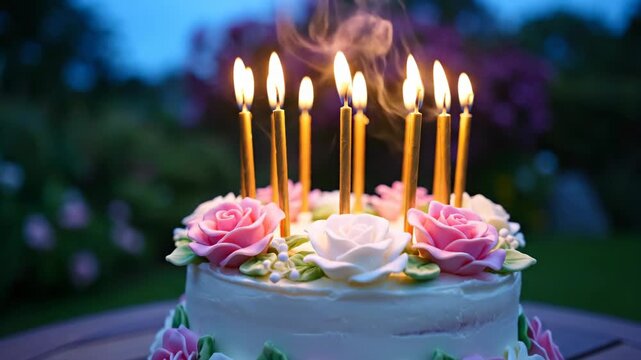 White frosting birthday cake decorated with pink and white roses, featuring several lit golden candles with smoke, placed on a wooden table outdoors at night.