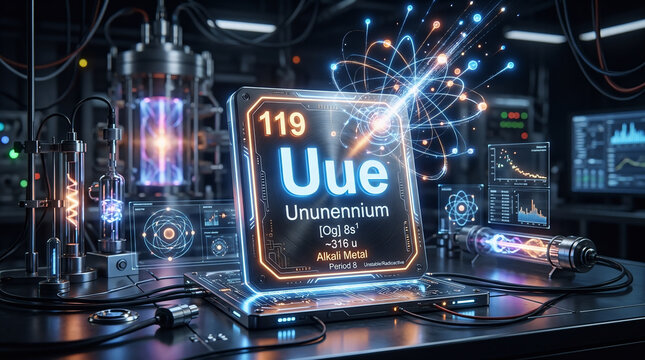 Futuristic element 119 ununennium display glowing in a high-tech laboratory, surrounded by digital interfaces, energy effects, and advanced science technology