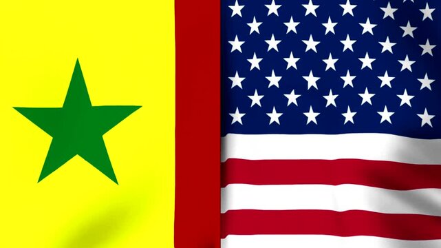 Waving national flags of Senegal and United States side by side showing international diplomatic relations concept