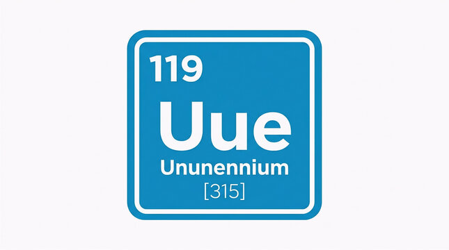 Periodic table concept featuring element 119, ununennium (Uue), with atomic number and mass displayed on a clean white background