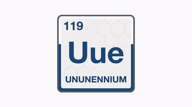 Periodic table concept featuring element 119, ununennium (Uue), with atomic number and mass displayed on a clean white background