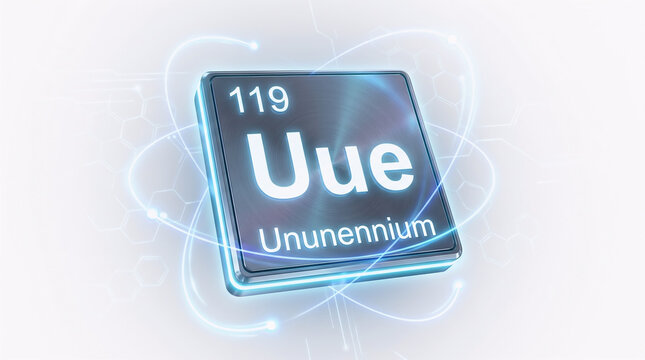 Futuristic 3D representation of element 119 ununennium on a glowing scientific interface, symbolizing advanced chemistry, physics, and innovation