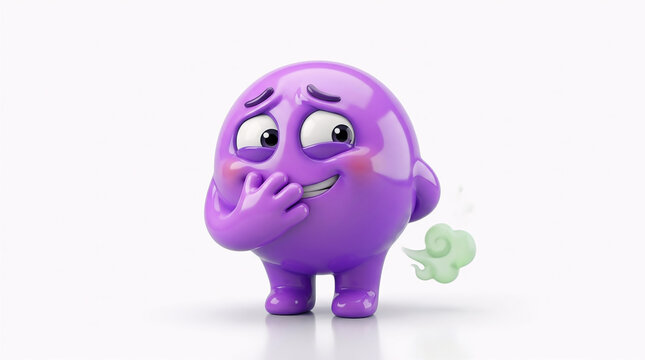 Funny 3D emoji character showing embarrassment and discomfort with sweating and a humorous fart cloud on a white background