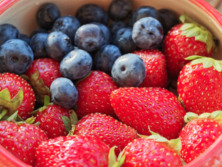 A bowl filled with ripe strawberries and blueberries sits on a kitchen counter during midday. The fruit is ready to be enjoyed as a healthy snack © Evgenii