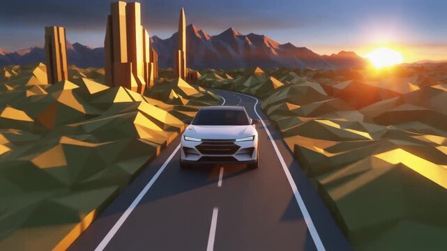 Low Poly White Car Driving on Scenic Mountain Road Animation