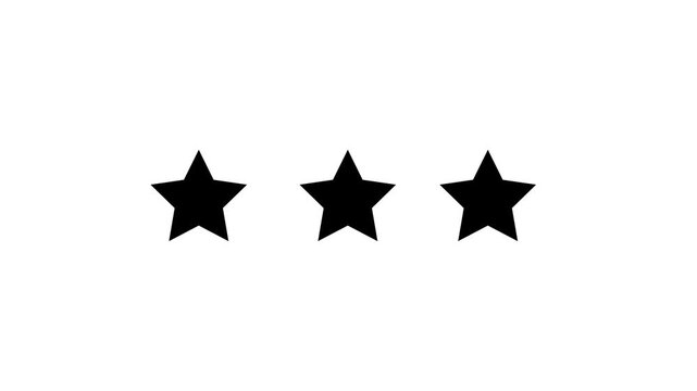 Animated black three stars rating icon with burst effect popping up on white background isolated smooth motion graphic overlay design for UI UX apps customer feedback review badge rank element.