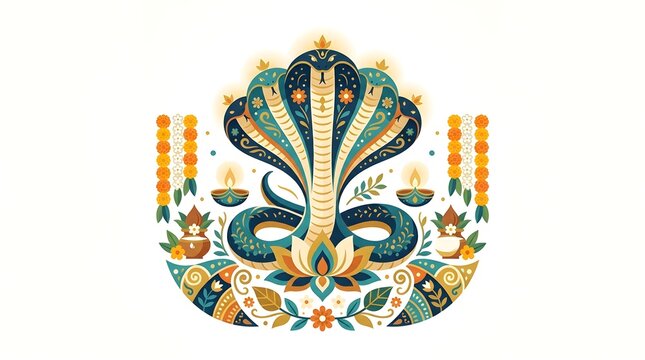 Happy Nag Panchami Vector Illustration with Decorative Serpent Cobra, Sacred Kalash Pot, Diya Lamp, Om Symbol, and Hanging Temple Bells
