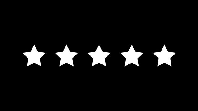 Animated white five stars rating icon with burst effect popping up on black background. smooth motion graphic overlay design for UI UX apps customer feedback review badge rank element logo asset.