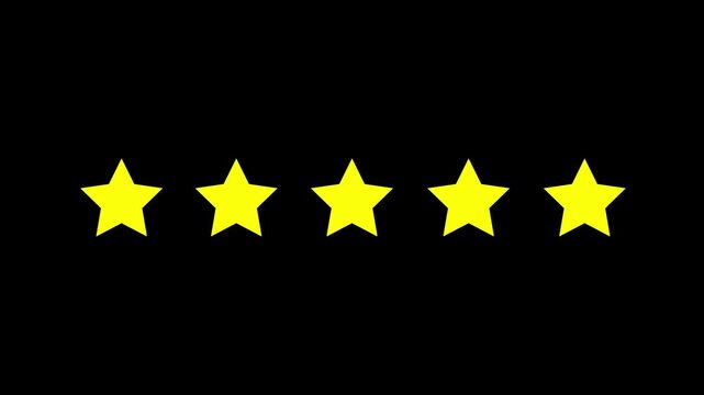 Animated yellow five stars rating icon with burst effect popping up on black background. smooth motion graphic overlay design for UI UX apps customer feedback review badge rank element logo asset.