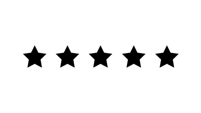 Animated black five stars rating icon with burst effect popping up on white background. smooth motion graphic overlay design for UI UX apps customer feedback review badge rank element logo asset.