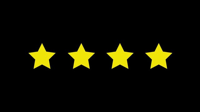 Animated yellow four stars rating icon, burst effect popping up on black background, isolated smooth motion graphic overlay design , customer feedback review badge rank element video asset.