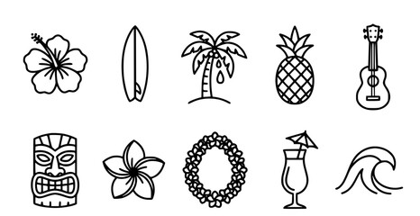 A collection of ten black and white outline icons featuring tropical hawaiian themed elements for summer vacation and beach party designs © aliful