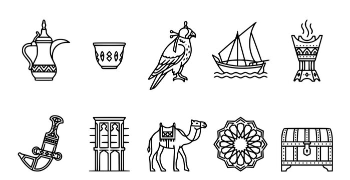 Set of ten black and white line art icons representing traditional middle eastern culture and heritage symbols on white background