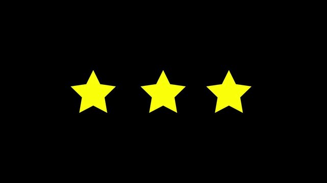 Animated yellow three stars rating icon with burst effect popping up on black background isolated smooth motion graphic overlay design for UI UX apps customer feedback review badge rank element.
