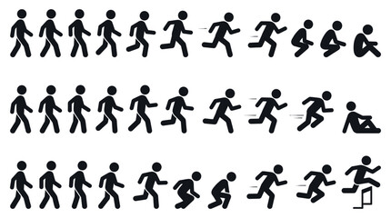 Obraz premium Stick figure movement animation set featuring various actions like walking running sitting and jumping vector design