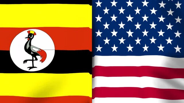 Waving national flags of Uganda and United States of America side by side representing international diplomacy and cooperation