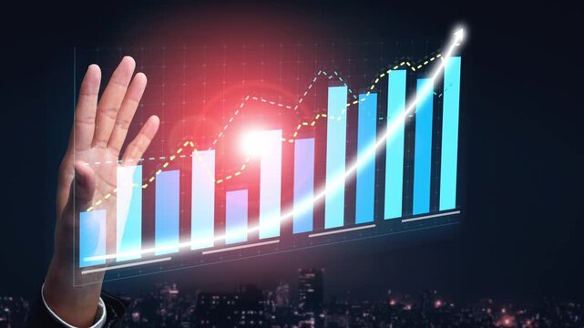 A businessman gestures towards a digital graph showcasing growth trends at night. The city skyline enhances the professional atmosphere of data-driven success. Copula