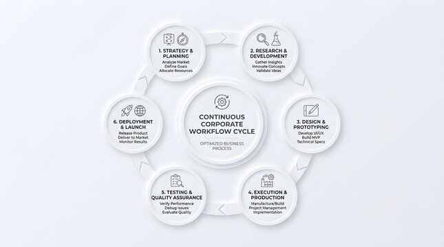 Continuous Workflow Cycle Diagram: A clean, minimalist infographic illustrates the cyclical nature of a continuous corporate workflow, detailing key stages from planning to deployment.